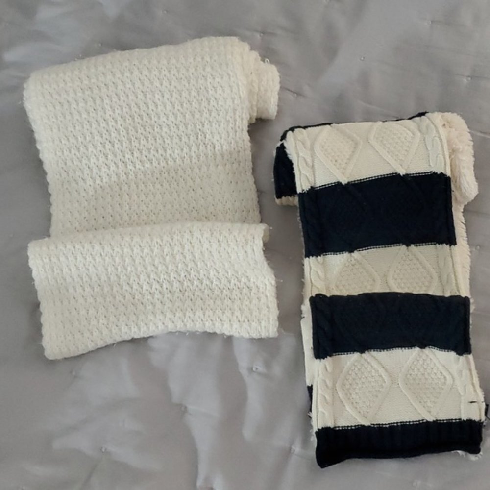 Knit Scarf Duo- Fleece striped and Light cream infinity scarf